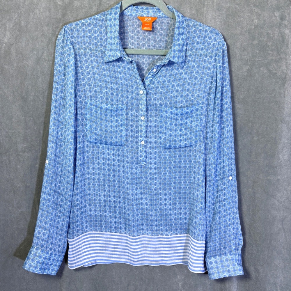 Joe Fresh Blue Medallion Print Roll Tab Sleeve Blouse Womens Medium Beachy Boho
